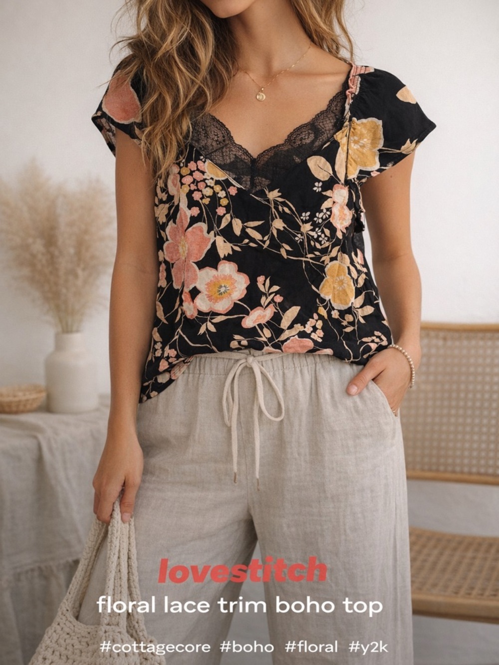 Lovestitch Black Floral Lace Trim Boho Top Cottagecore Festival Small